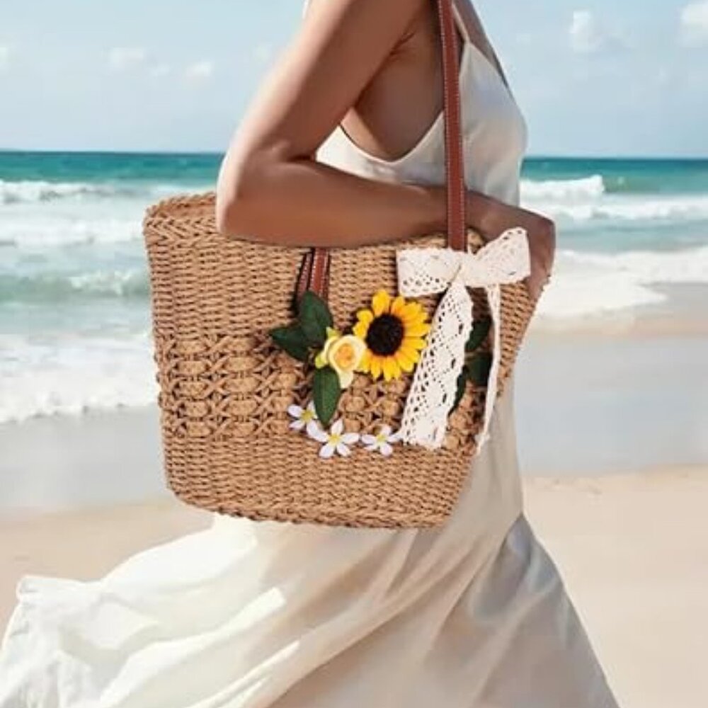 Neiman Marcus Sunflower Straw Beach Bag